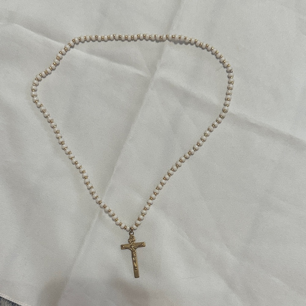 Elegant Gold and Cream Beaded Cross Necklace